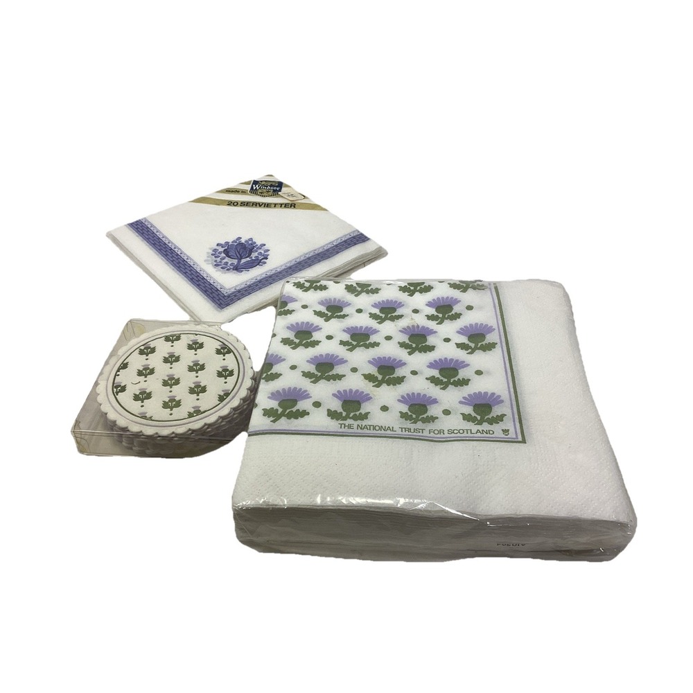 Vtg 25 Paper Napkins And Coaster National Trust For Scotland Thistle Design